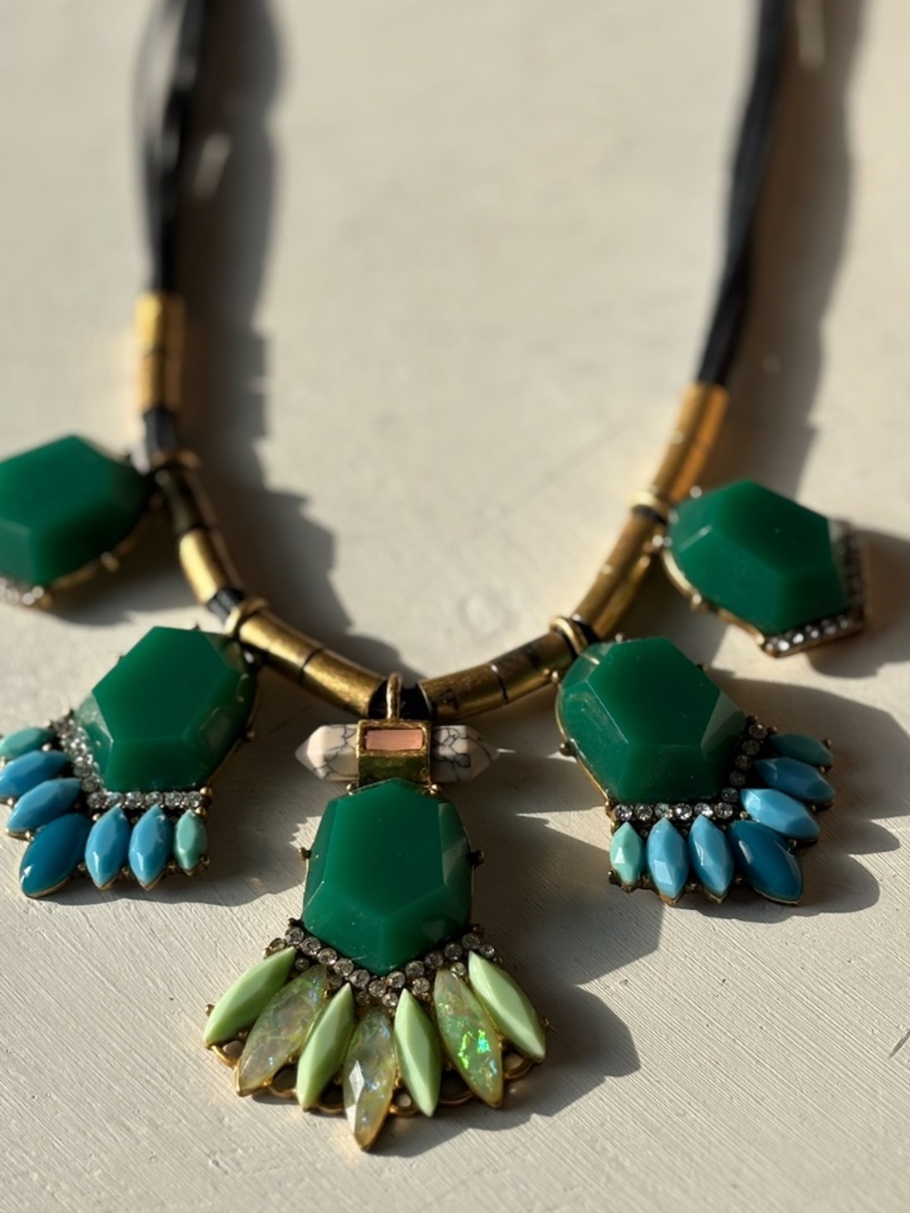 J.Crew Statement Necklace Green Faceted Gem Bib Necklace Gold Tone